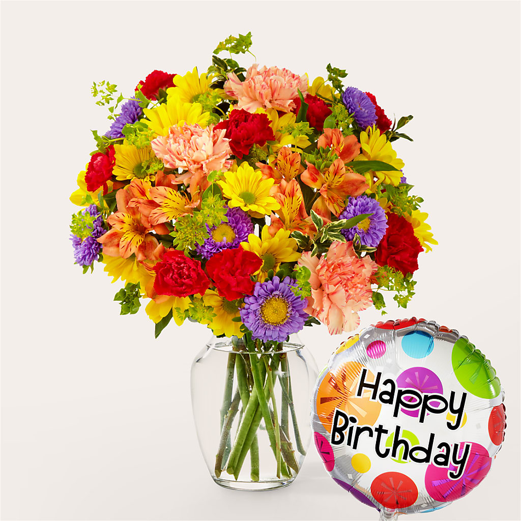 Kaleidoscope Bouquet with Birthday Balloon – Mossholders Floral, Arvada CO