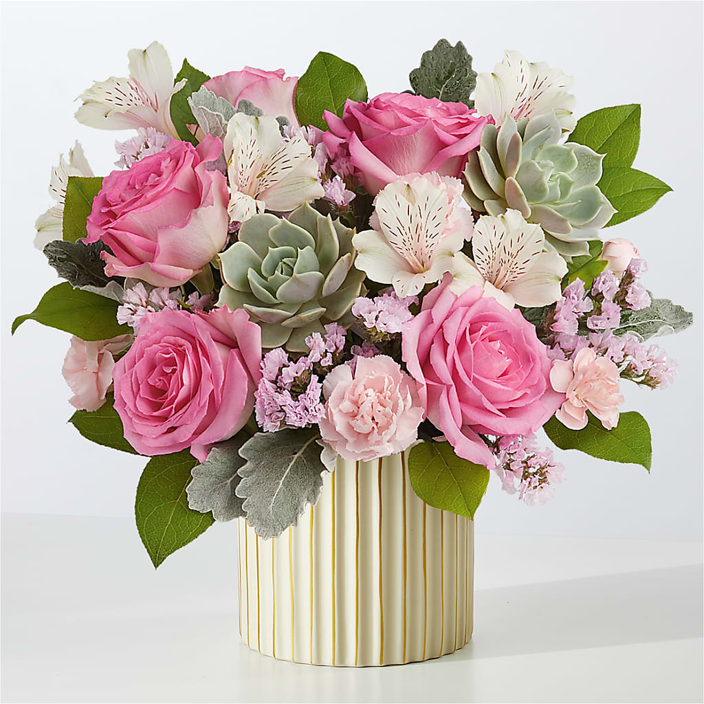 Dusty Rose Bouquet with Ivory Vase – Mossholders Floral, Arvada CO