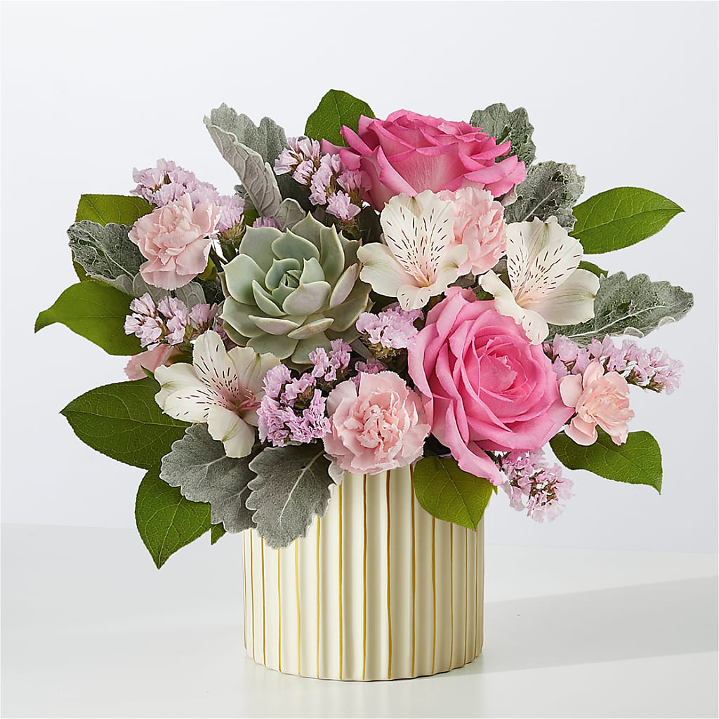 Dusty Rose Bouquet with Ivory Vase – Mossholders Floral, Arvada CO