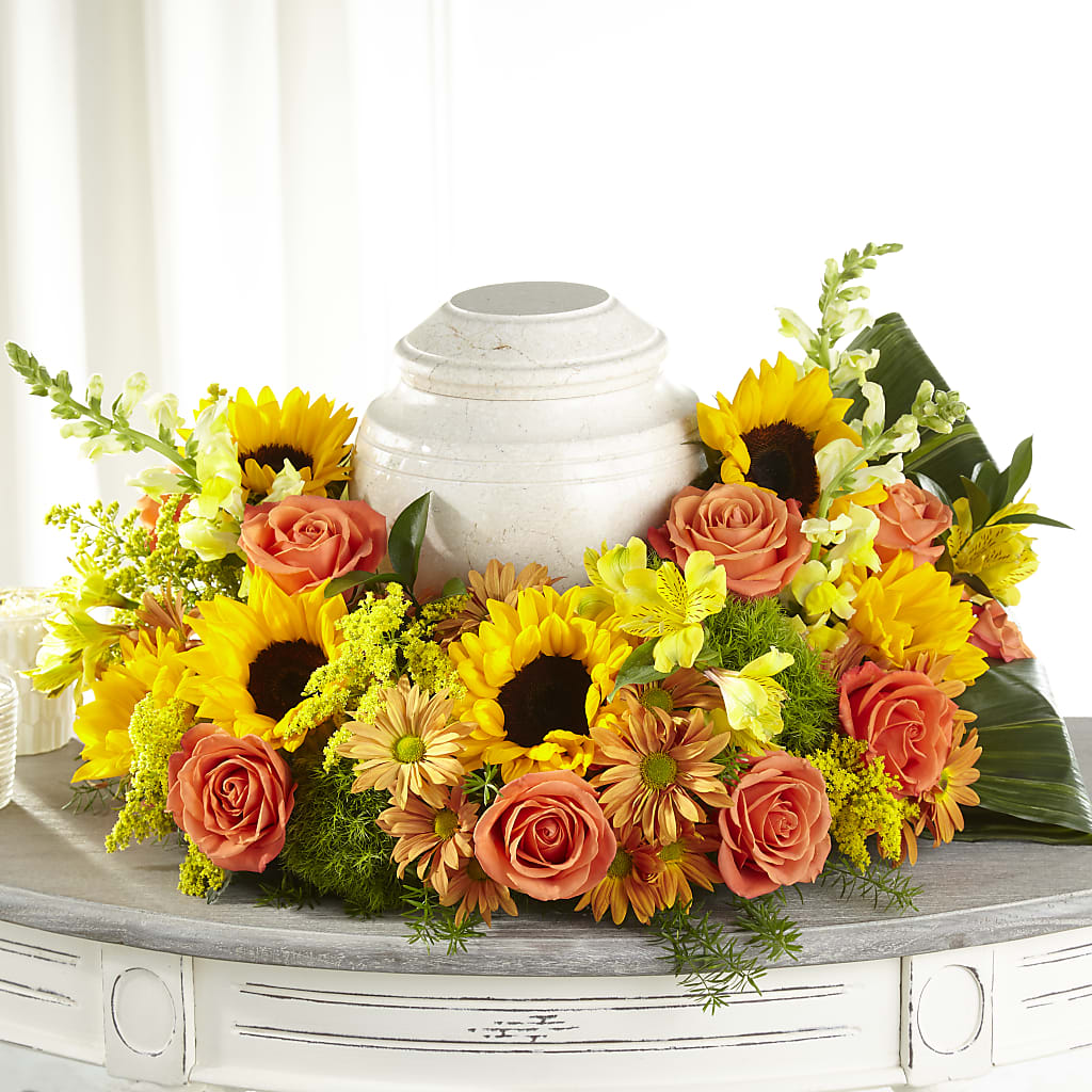 Faithful Sunflower Cremation Adornment – Mossholders Floral, Arvada CO