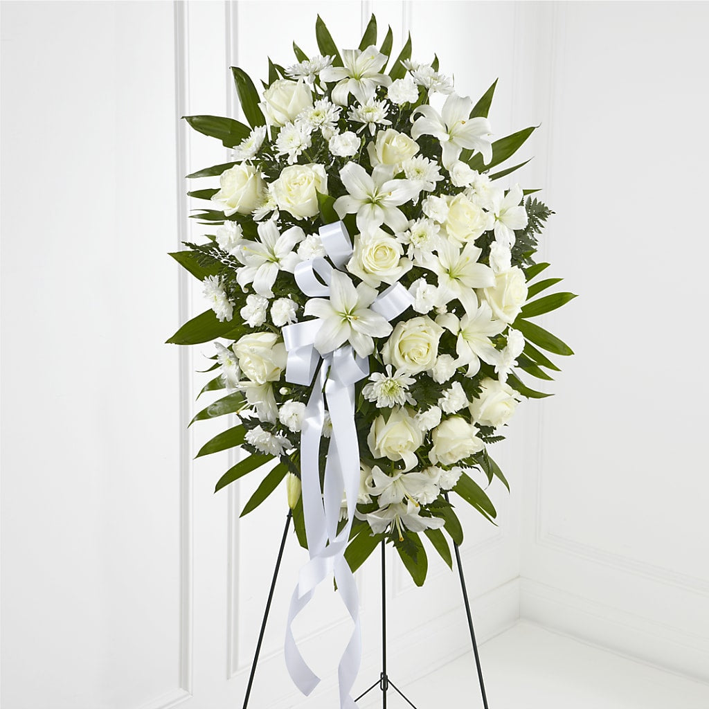 Exquisite Tribute Standing Spray-White Ribbon – Mossholders Floral, Arvada CO